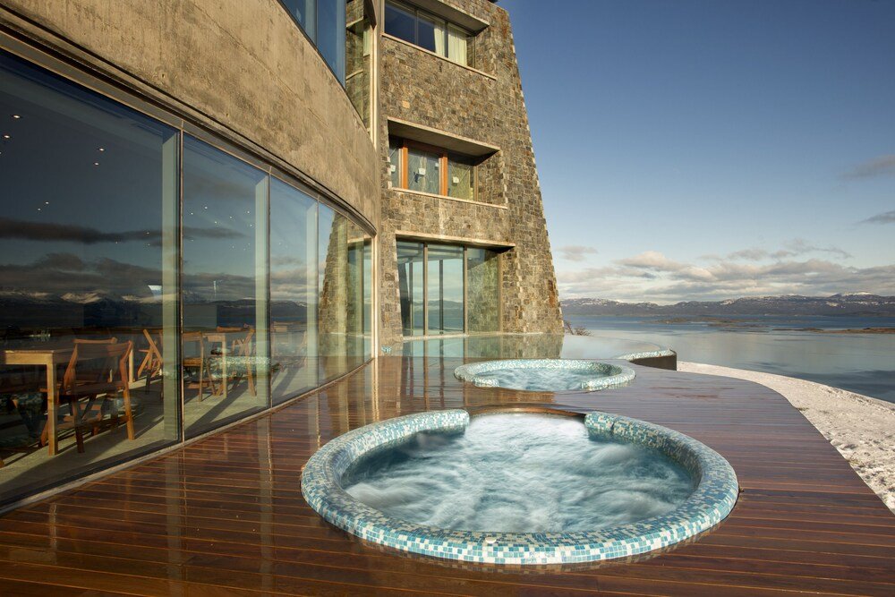 Modern resort building with large glass windows