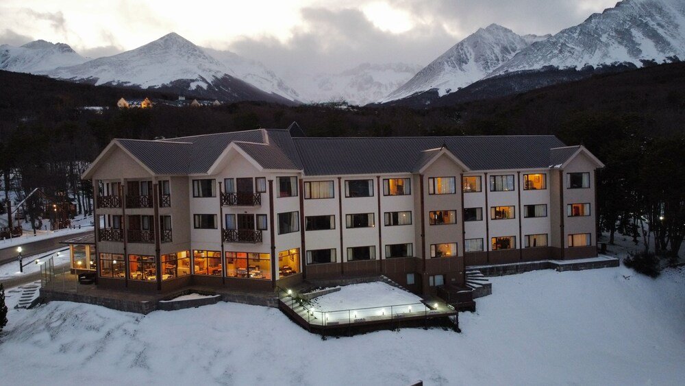 Multi-storey hotel in a snow-covered landscape